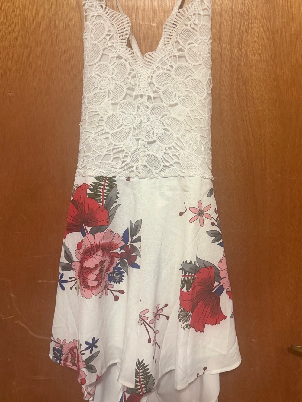 Women’s White Lace Floral Romper with Red & Pink Blooms